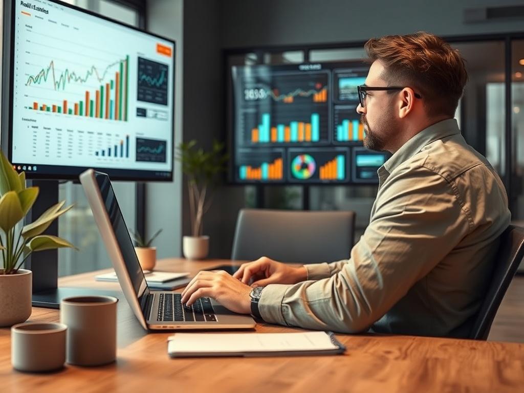 An analyst reviewing data and trends on a large screen,