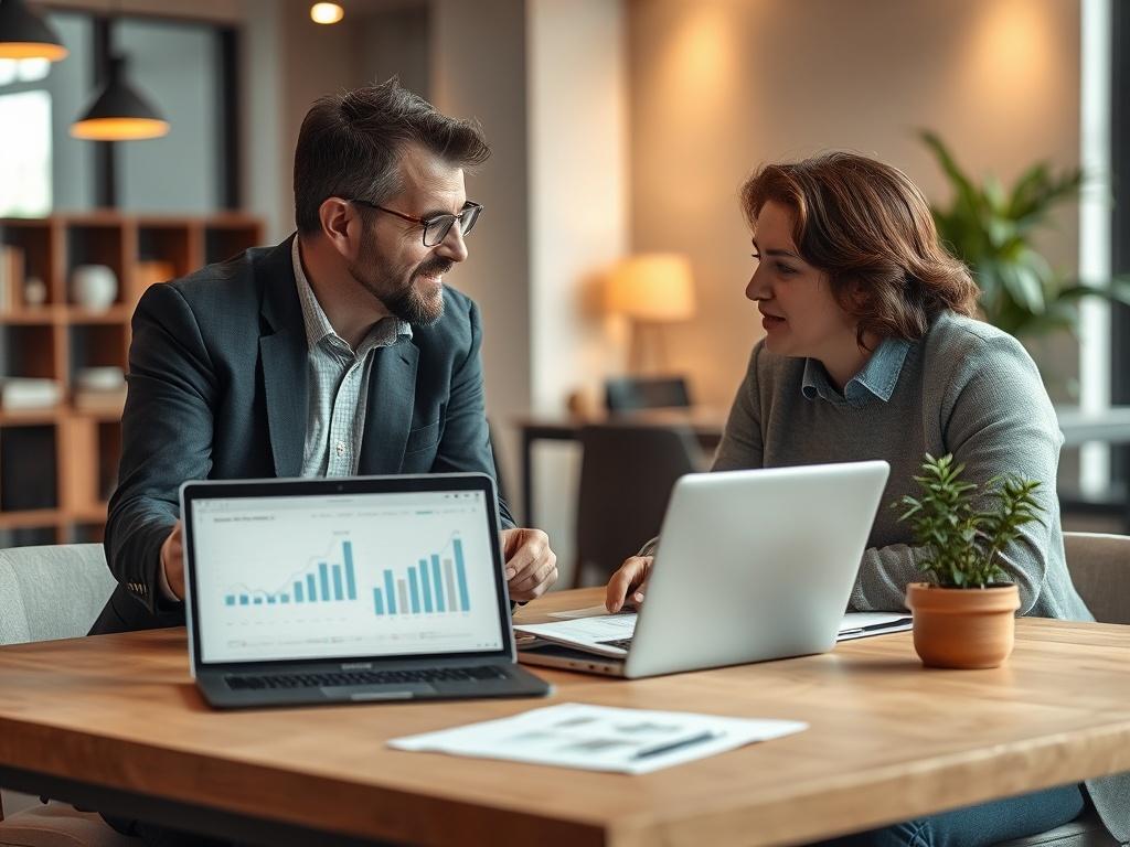 A financial consultant discussing investment strategies with a client, using