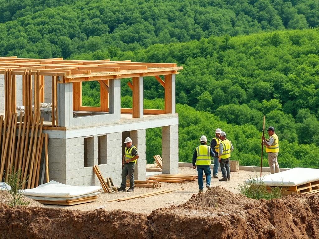 A vibrant construction site showcasing eco friendly building materials and