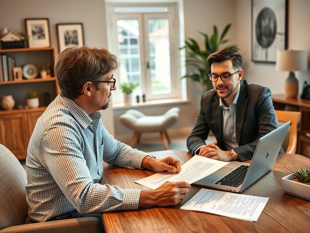 A professional real estate consultant sitting across from a client