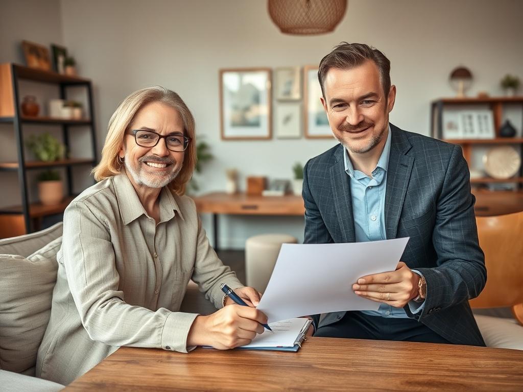 A client signing documents in a comfortable meeting room, with