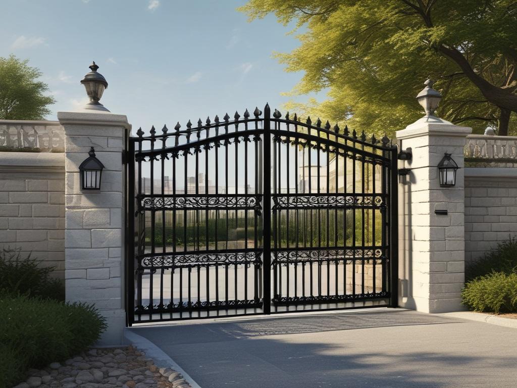 A close-up shot of a modern automatic gate, showcasing intricate metalwork and a sleek design. The gate should be partially open, revealing a well-maintained driveway behind it. The background is a lush green garden, slightly blurred to emphasize the gate's details. The image should be captured with a 45mm f/1.2 lens to create a hyper-realistic effect, using the primary color rgb(2, 86, 197) subtly integrated into the design.
