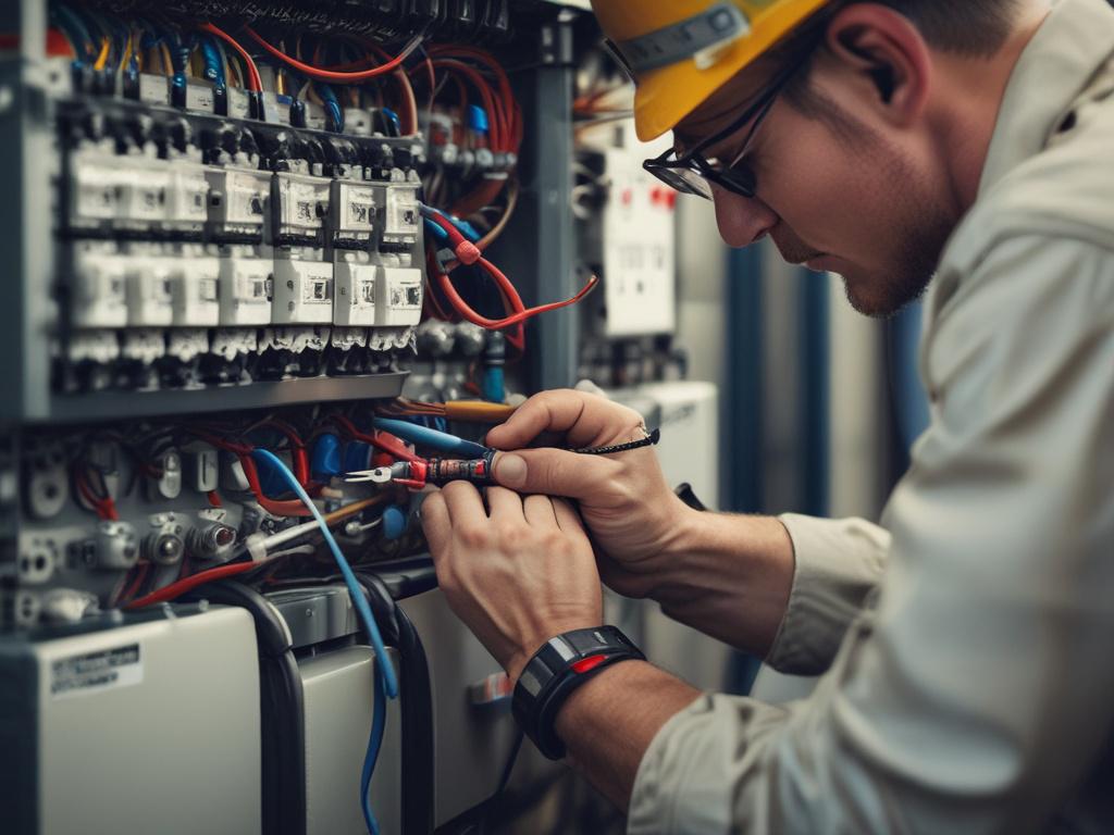 A detailed close-up of an electrician installing wires in a junction box. The focus should be on the electrician’s hands, showcasing precision and skill. The background features tools and equipment, softly blurred to keep the emphasis on the installation process. The image should have a hyper-realistic quality, shot with a 45mm f/1.2 lens, incorporating the primary color rgb(2, 86, 197) in the tools or background elements.