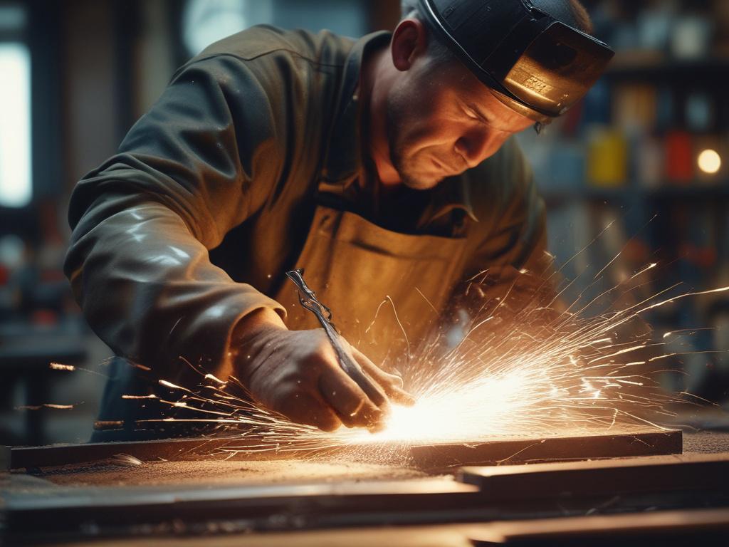 A close-up shot of a steelworker shaping metal in a workshop. The focus is on the steel being manipulated, showing sparks flying and detailed textures. The background includes tools and machinery, slightly out of focus to highlight the craftsmanship. The image should capture the intensity and precision of the work, presented in a hyper-realistic style with a 45mm f/1.2 lens, featuring the primary color rgb(2, 86, 197) in the machinery.