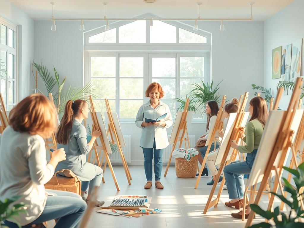 A serene art workshop setting with soft lighting, featuring a
