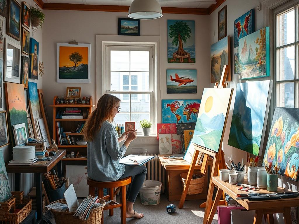 A cozy studio filled with vibrant artwork, showcasing Ariel Simone