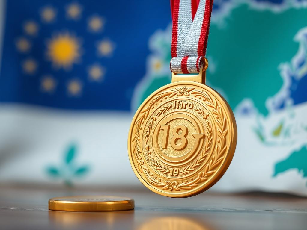 A close-up shot of a gold medal with intricate designs, symbolizing honor and achievement. The background is softly blurred, showcasing a flag or map representing international collaboration, with the primary color #062767 subtly present in the scene.