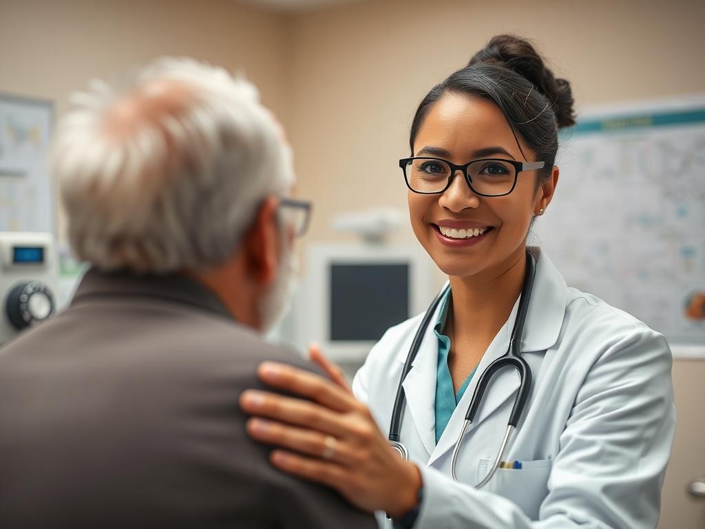 A close-up shot of a healthcare professional in a white coat, confidently examining a patient in a clinical setting. The background features medical equipment and charts, creating a professional and reassuring atmosphere. The subject is smiling, showcasing compassion and expertise. The lighting is bright and inviting, emphasizing the seriousness and dedication of healthcare work, with a focus on the primary color #062767.