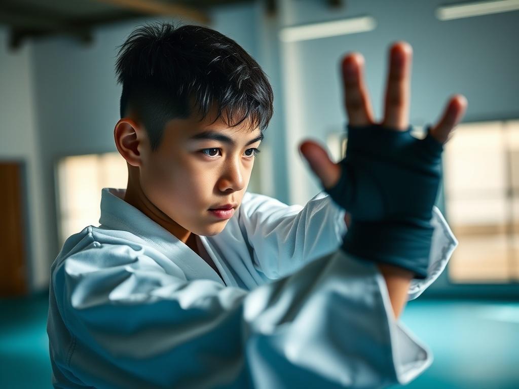A close-up shot of a young athlete practicing self-defense techniques, showcasing their concentration and determination. The background features a training dojo with soft lighting, creating an inspiring and motivational atmosphere. The athlete is dressed in traditional martial arts attire, demonstrating a dynamic pose that emphasizes strength and focus. The colors are vibrant, with a primary focus on shades of blue and green to reflect energy and vitality.