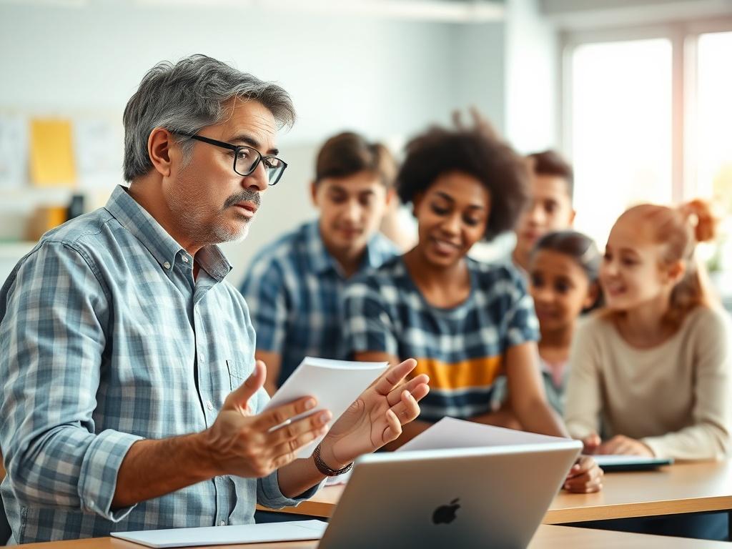 A focused educator engaging with a diverse group of students in a bright, modern classroom setting. The educator is facilitating an interactive session, with students actively participating and collaborating. The background showcases educational materials and technology, emphasizing a dynamic learning environment. The image captures the essence of talent development through education.