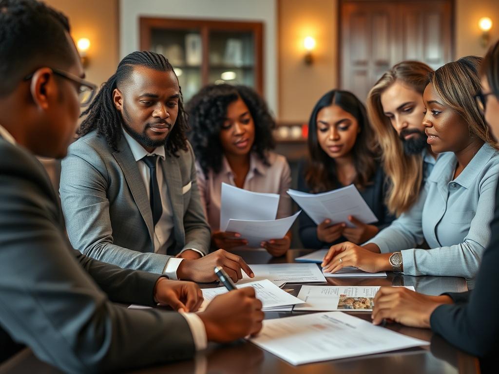 A close-up shot of a diverse group of legal advocates engaged in a discussion, focused on a table filled with legal documents and human rights pamphlets. The background should be softly blurred, highlighting their expressions of determination and collaboration. The setting should reflect a professional environment, symbolizing justice and advocacy, with soft lighting and a warm, inviting atmosphere.