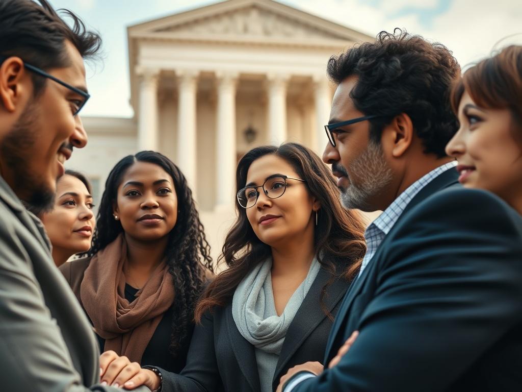 A close-up shot of a diverse group of legal advocates engaged in a discussion, with a backdrop of a Supreme Court building. The focus is on their passionate expressions as they strategize for human rights advocacy. The image should capture the essence of teamwork and determination, with natural lighting and vivid colors that reflect a sense of hope and empowerment.