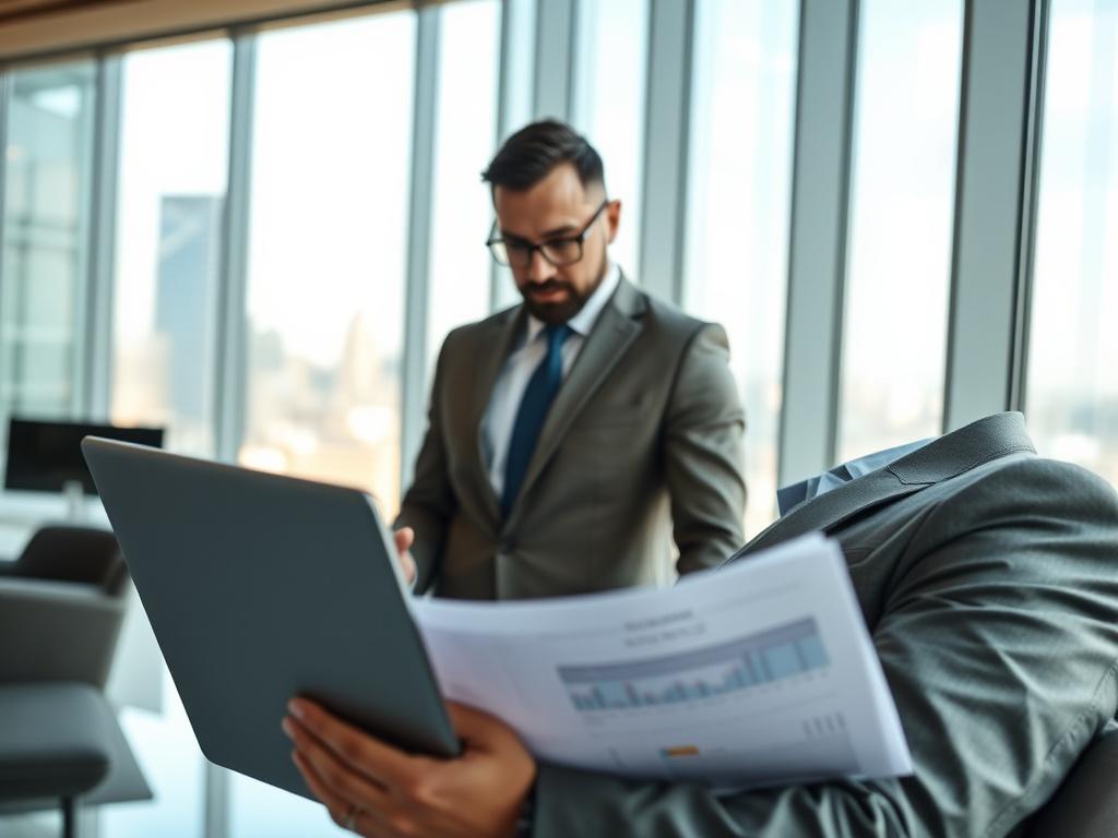 A close-up shot of a confident business leader in a modern office setting, reviewing financial documents with a laptop open. The background features a sleek office with large windows showcasing a city skyline. The leader is dressed in professional attire, demonstrating focus and determination. The image captures the essence of strategic economic management, reflecting leadership and collaboration in a corporate environment. The lighting is bright and inviting, enhancing the professional atmosphere.