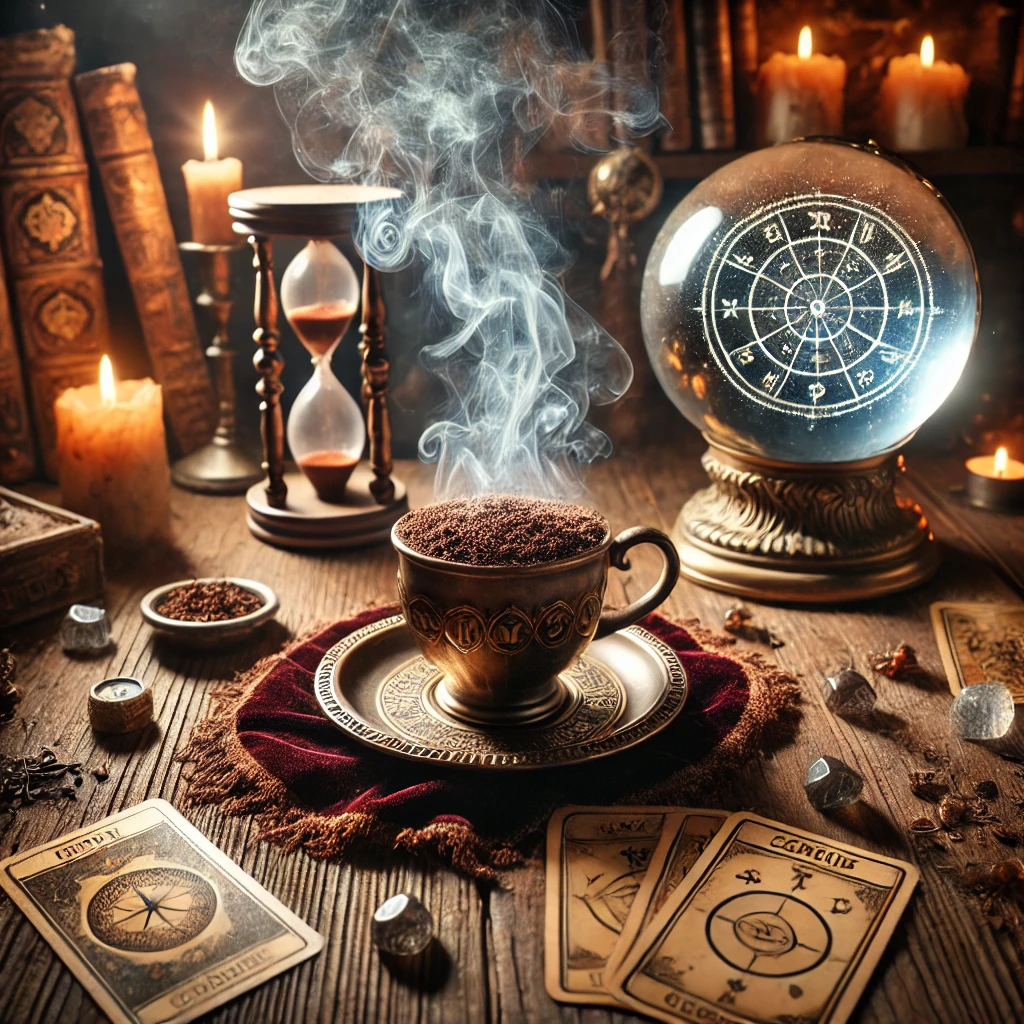 dall·e 2024-11-23 09.20.39 - a mystical scene featuring a fortune-telling coffee cup with coffee grounds forming patterns inside, placed on a wooden table. the table is surrounded.webp