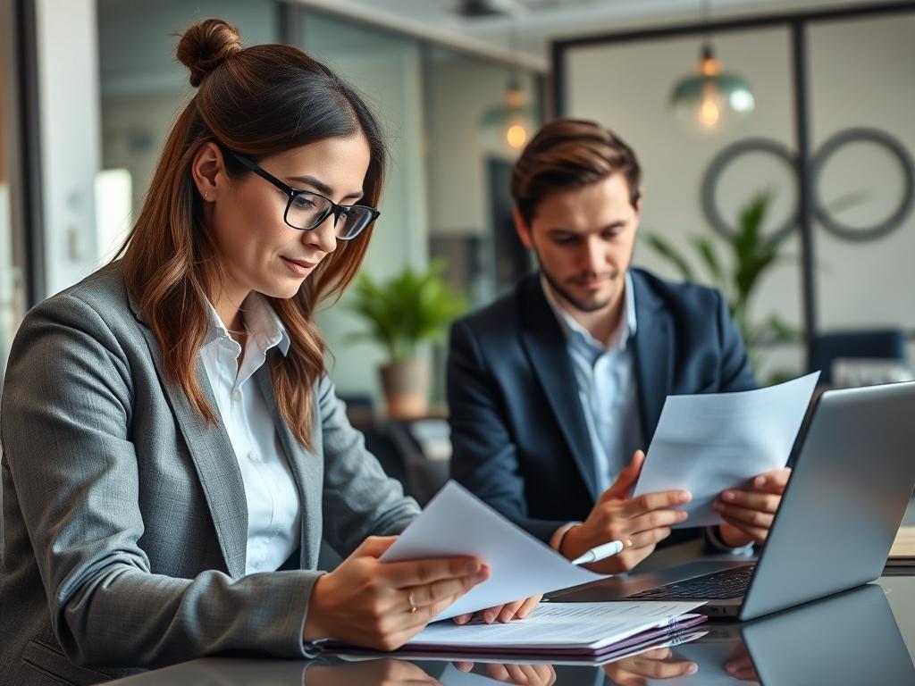 A close up shot of a business professional reviewing documents