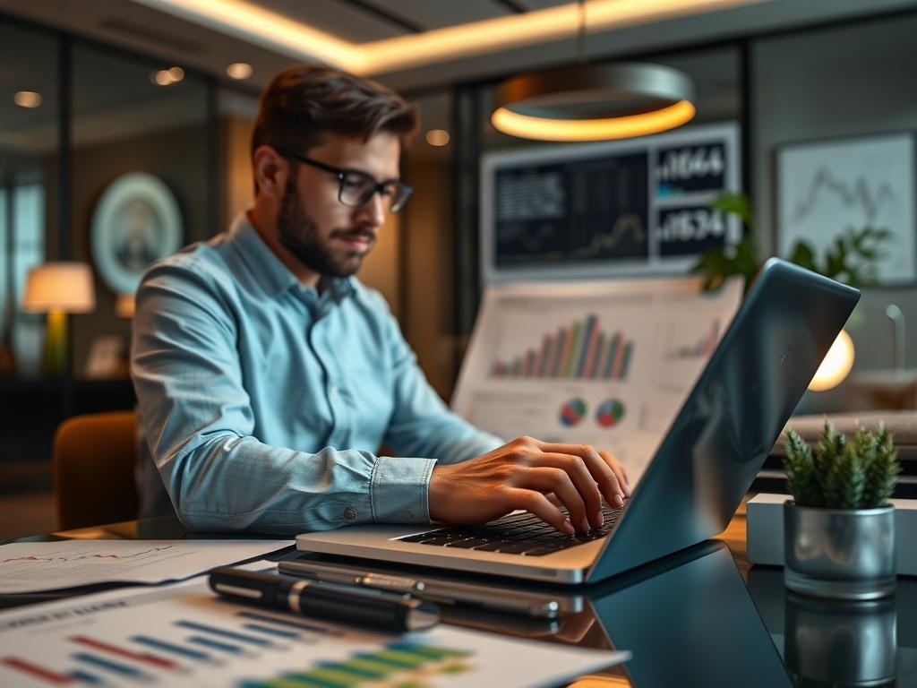 A high resolution close up of a financial analyst working