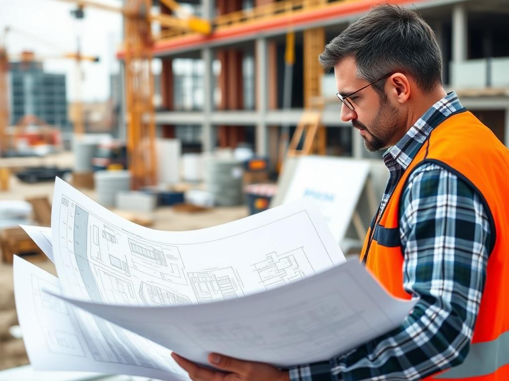 A close up shot of a project manager reviewing architectural