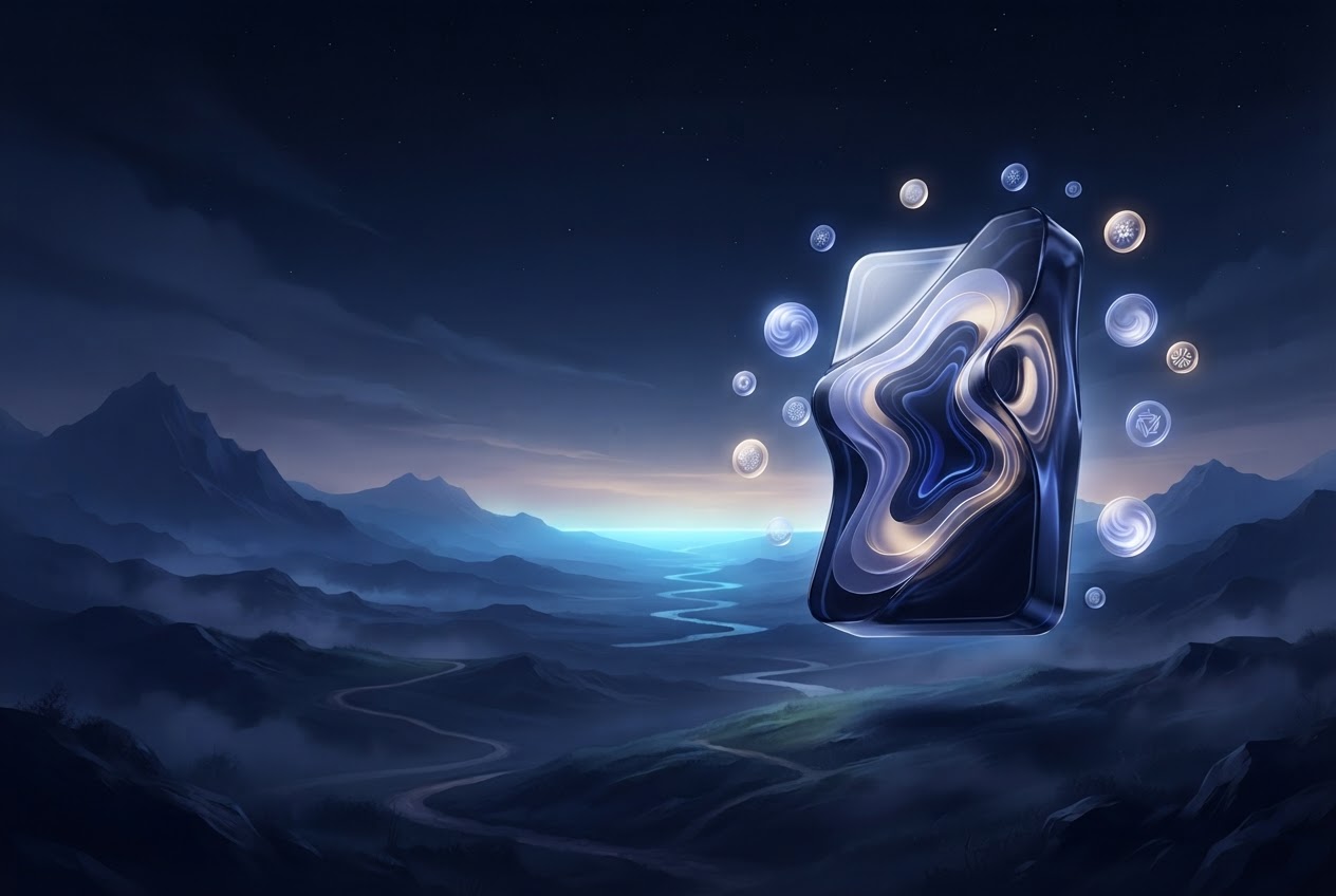 Abstract glass wallet and glowing blue landscape representing the Cardano ecosystem