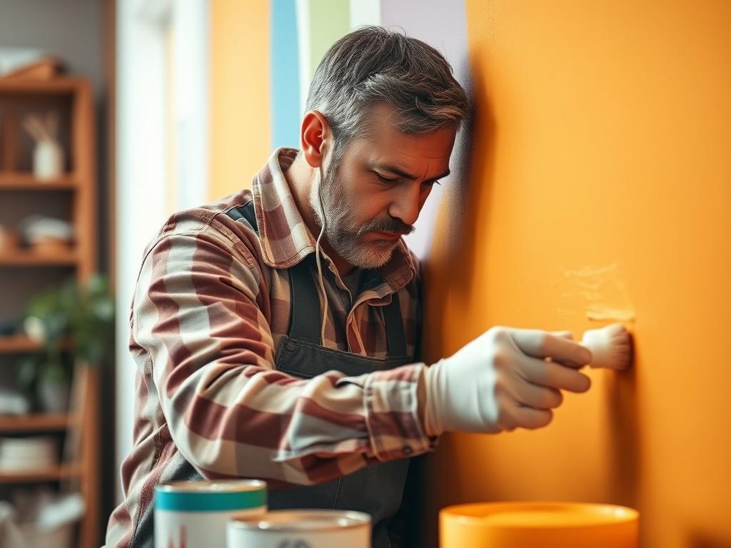 A close up shot of a skilled painter applying a