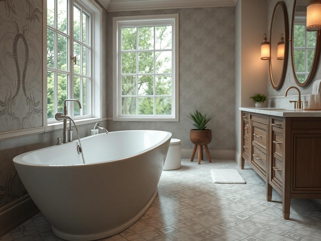 A luxurious bathroom with a freestanding soaking tub and elegant