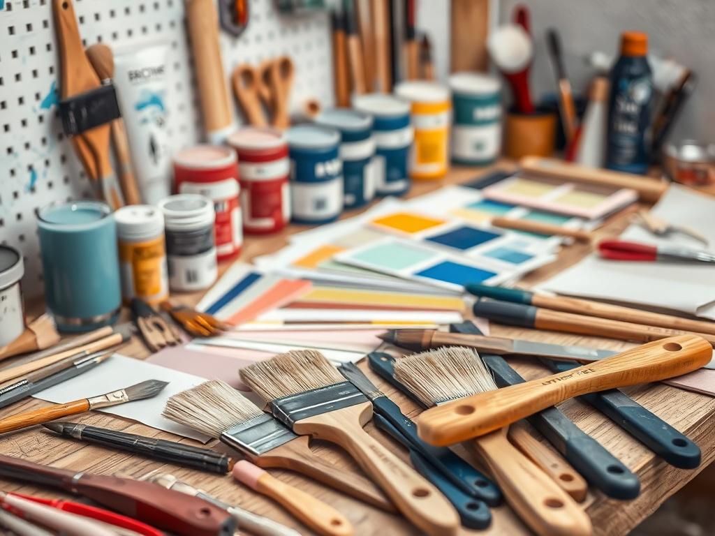 A workspace filled with paints, brushes, and renovation tools, neatly