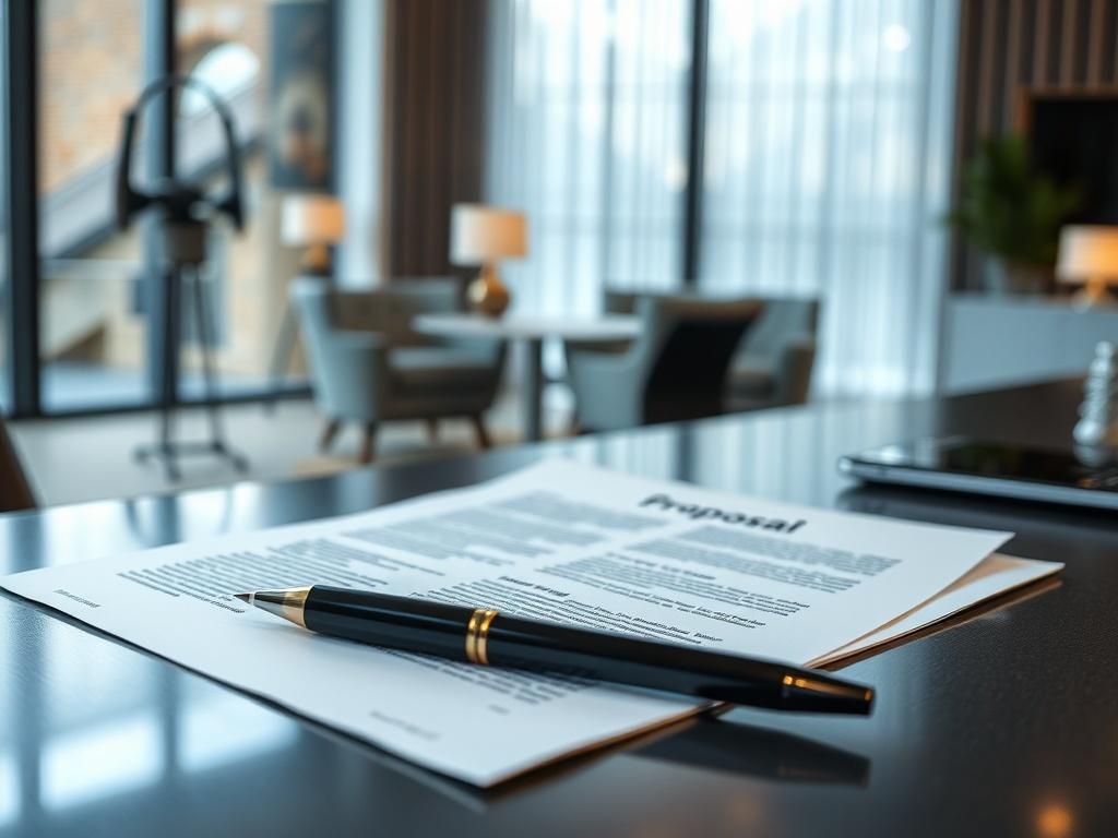 An open proposal document on a sleek desk, with a