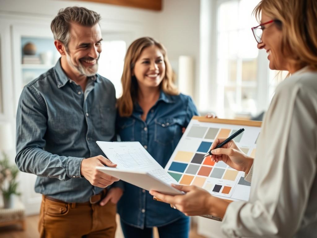 A professional setting with a friendly consultant discussing plans with