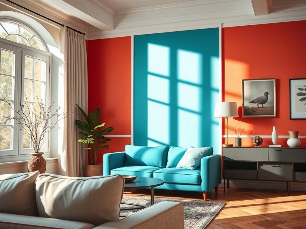 A beautifully painted interior room showcasing a modern living space with vibrant colors. The focus should be on the freshly painted walls, with elegant furnishings in the foreground. Natural light streaming through a window highlights the smooth finish of the paint. Use a hyper-realistic style, capturing the warmth and inviting atmosphere of the room.