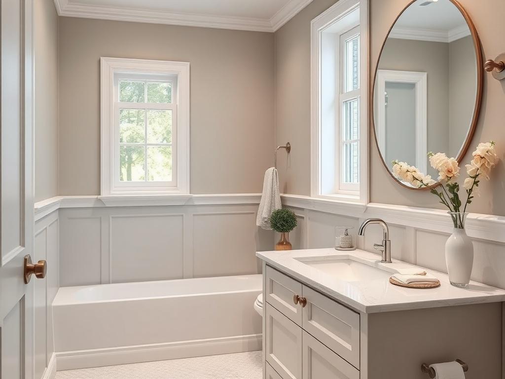 A beautifully remodeled bathroom featuring modern fixtures and a stylish vanity. The focus should be on the elegant design and the harmonious color palette of the walls and decor. Use a hyper-realistic style to capture the tranquility and luxury of this upgraded space.