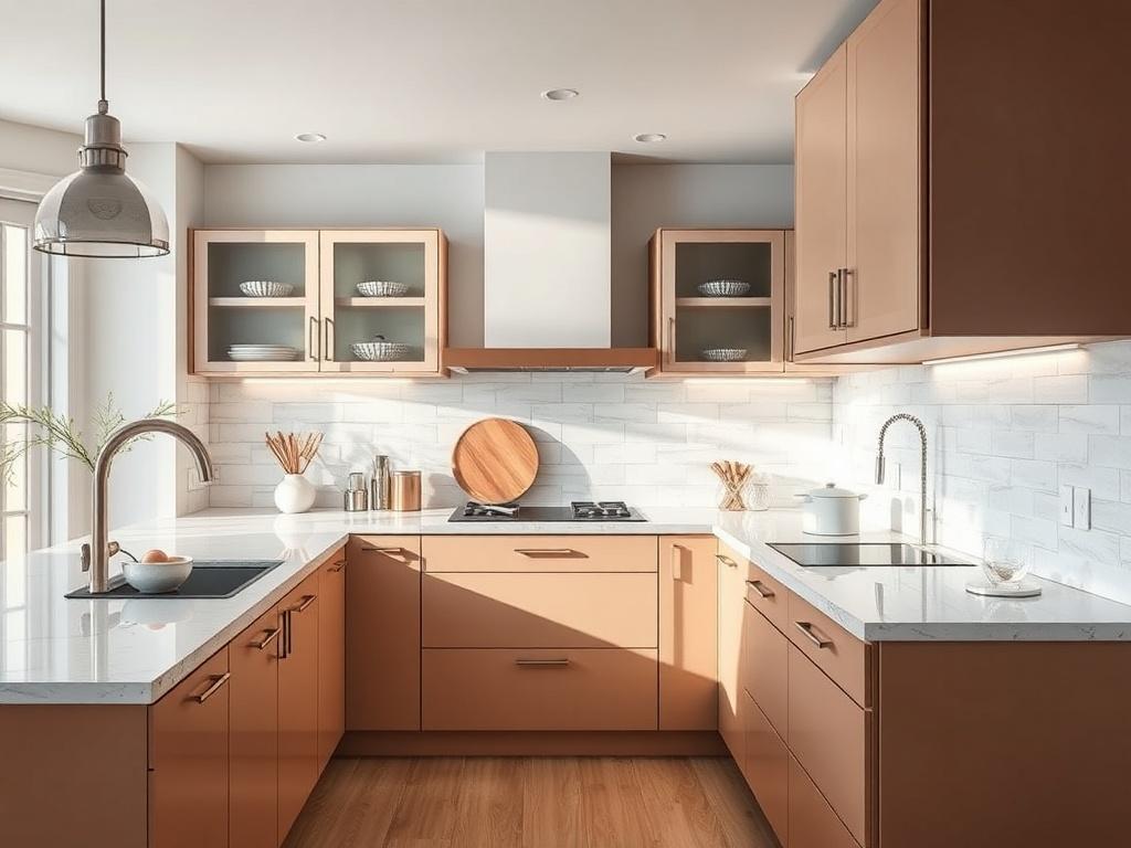 A stunning kitchen with modern cabinetry and countertops, showcasing a harmonious blend of colors. The focus should be on the elegant design and functionality of the space, with natural light illuminating the countertops. Use a hyper-realistic style to capture the beauty and warmth of this inviting culinary area.