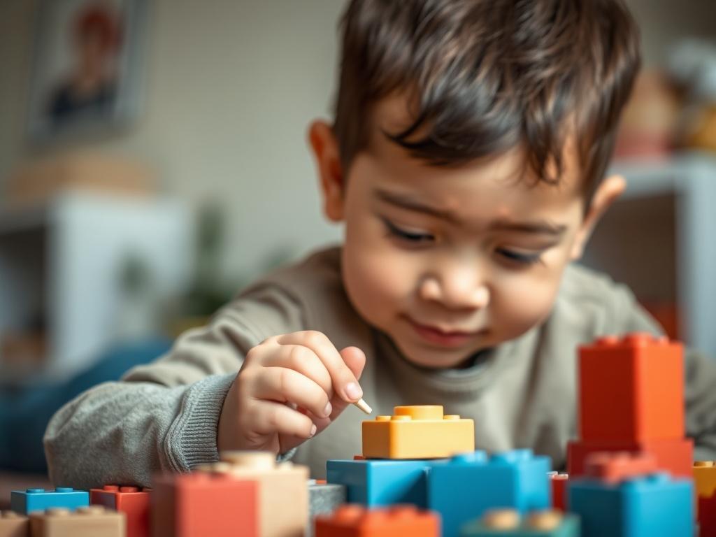 A focused close up of a child playing with building