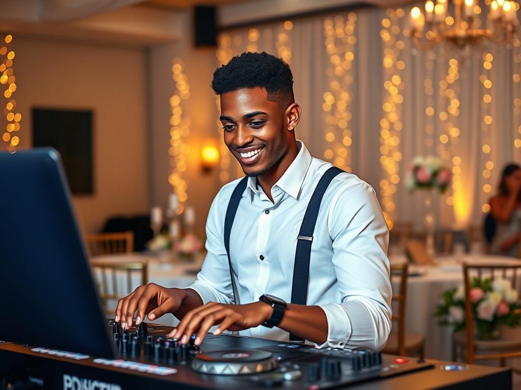 **AI Image Generation Prompt:** 

Create a realistic, high-resolution close-up photograph of a professional wedding DJ in action while performing at a beautiful wedding reception. The DJ should be a young, diverse individual with a welcoming smile, focused on mixing music at a modern DJ booth setup. The subject should be wearing smart-casual attire, like a fitted shirt and stylish suspenders, conveying a sense of professionalism and approachability. 

In the background, subtly feature soft, warm fairy light
