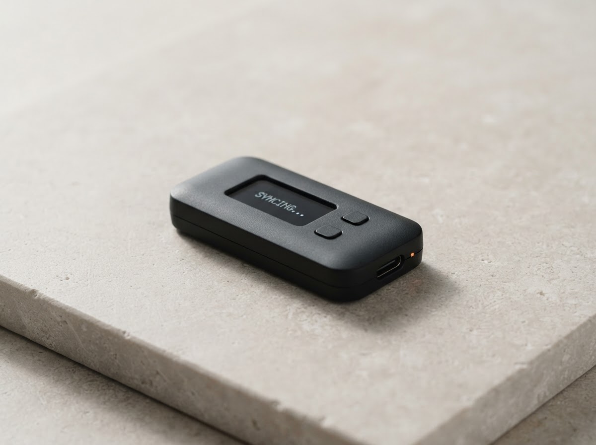 A minimalist hardware wallet device on a softly lit surface