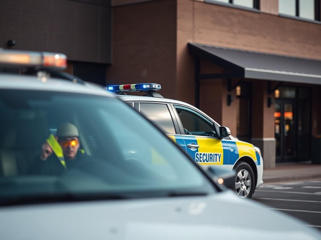 A marked security patrol vehicle parked in front of a commercial building with a security officer exiting the vehicle. The officer should be alert and professional, showcasing readiness to engage with the community. The background includes a well-lit area with clear visibility, emphasizing safety and security. The image should be hyper-realistic, captured with a 45mm f/1.2 lens, focusing sharply on the officer and the vehicle while slightly blurring the surroundings.