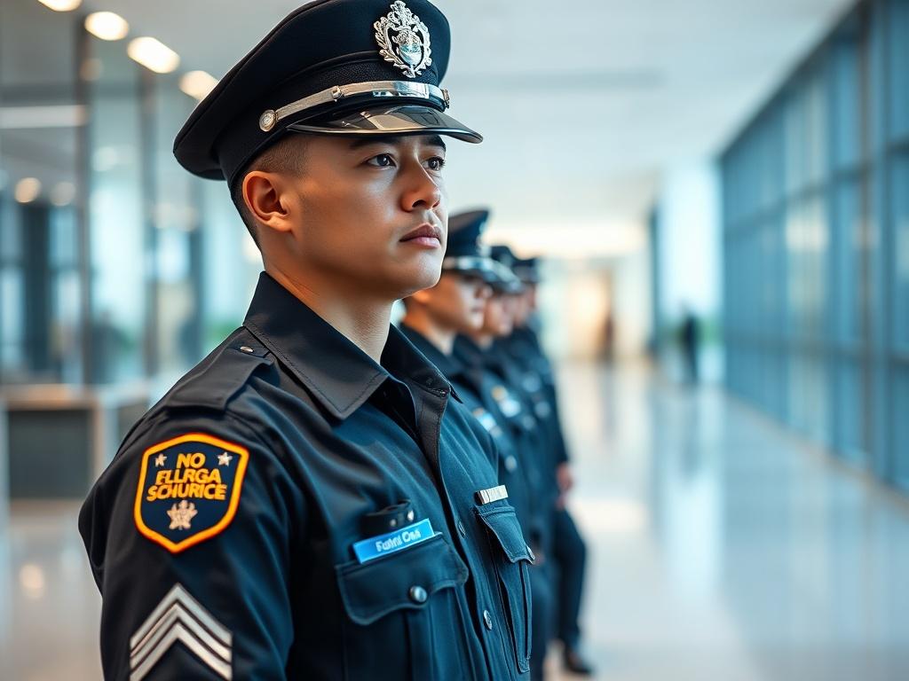 A highly trained security guard in uniform standing at attention in a modern business environment. The guard should have a watchful and professional demeanor, showcasing readiness and vigilance. The background should be a clean, well-lit office or commercial setting, emphasizing security and safety. The image should reflect a hyper-realistic style, shot with a 45mm f/1.2 lens to create a close-up focus on the guard while maintaining a blurred background.