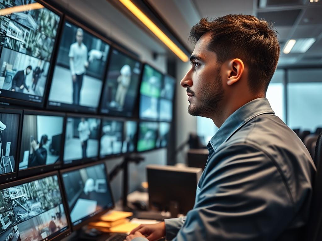 A high-tech surveillance monitoring station with multiple screens displaying live camera feeds. A trained security professional is attentively observing the screens, showcasing focus and diligence. The environment should be modern and well-organized, emphasizing technology and security. The image should portray a hyper-realistic style, shot with a 45mm f/1.2 lens, capturing the details of the monitors and the professional's focused expression.