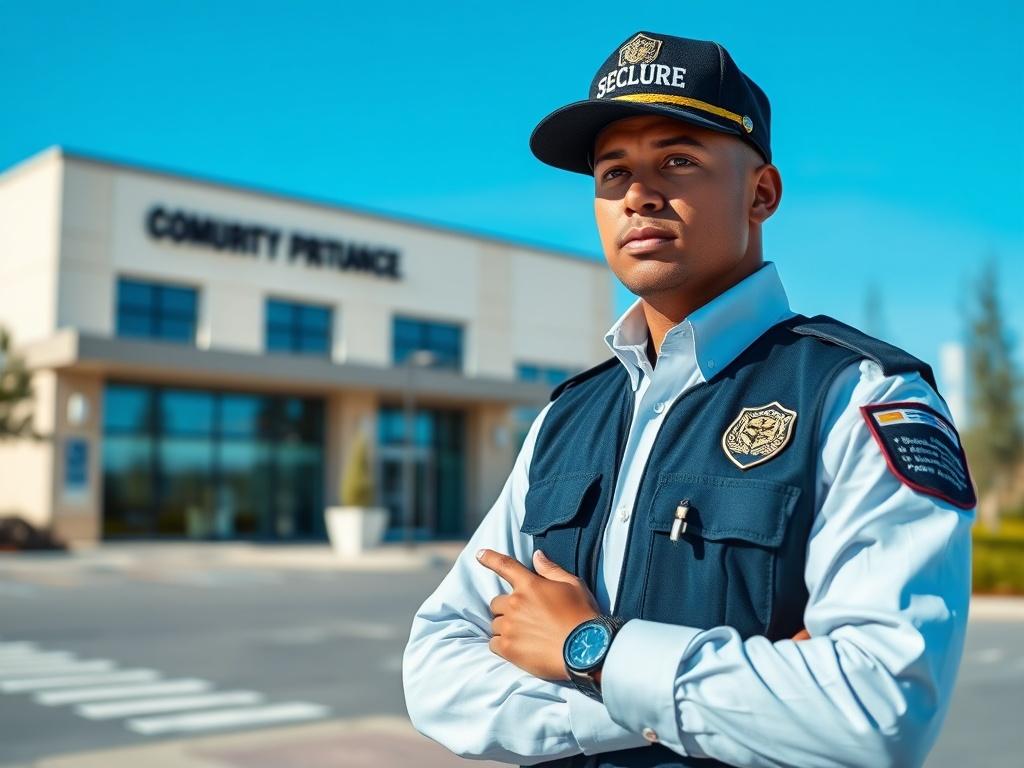 A professional security guard in a crisp uniform, standing confidently at a commercial property entrance. The background features a well-kept building and clear blue sky. The guard exudes a sense of readiness and vigilance, with a calm demeanor, showcasing reliability and professionalism. The image should be shot in hyper-realistic detail, using a 45mm f/1.2 lens style, focusing solely on the guard, with no distractions in the background. The primary color theme should reflect rgb(245, 77, 77).