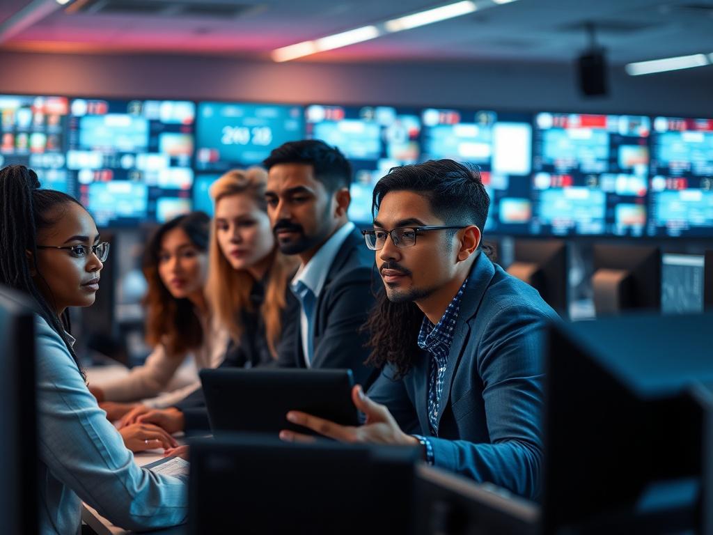 A high-resolution photo of a group of diverse security professionals working together at a security command center. The image highlights teamwork and collaboration, with a focus on their engaged expressions. The background should feature security monitoring screens and a professional setting, with lighting that enhances the sense of teamwork. The color scheme should harmonize with rgb(245, 77, 77).