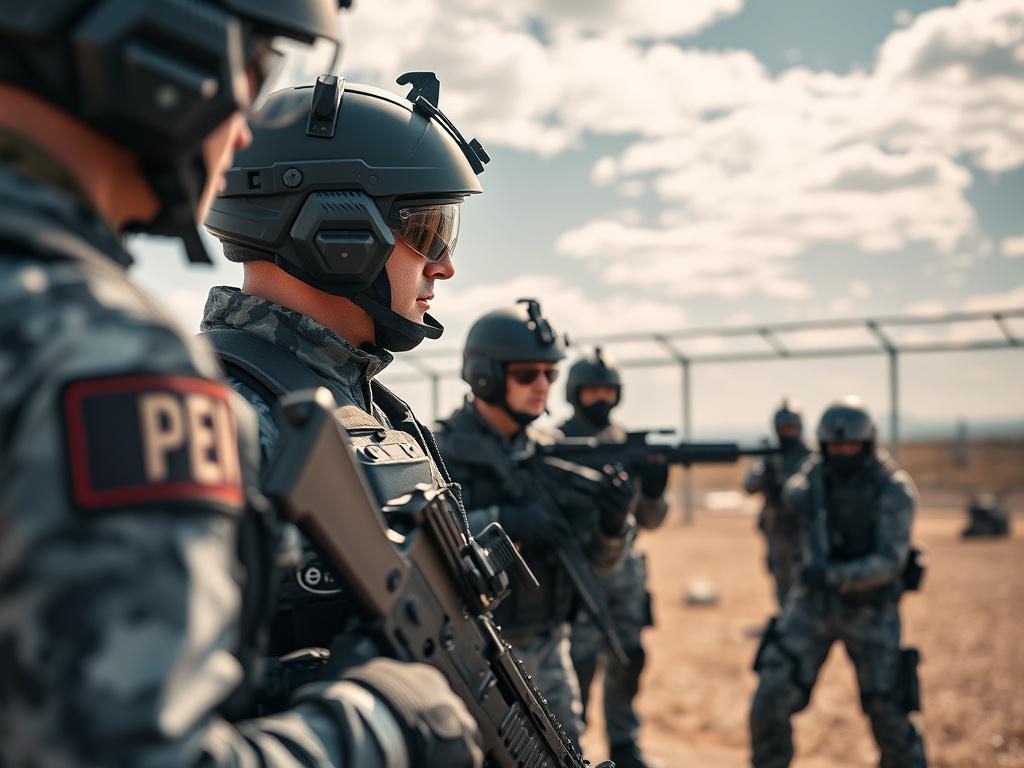 A high-resolution photo of a security team conducting a training session outdoors. The image captures the team engaged in an exercise, showcasing their professionalism and camaraderie. The background should display an outdoor training facility, with clear skies and a bright atmosphere, emphasizing teamwork and readiness. The color palette should align with rgb(245, 77, 77).