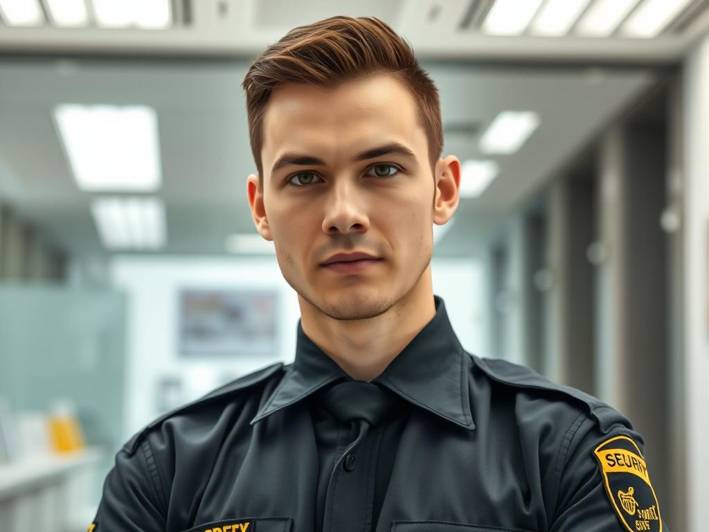 A high-resolution photo of a confident security professional in uniform, standing in front of a modern security office setting. The image captures a close-up of the guard's focused expression, showcasing professionalism and readiness. The background should be clean and simple, emphasizing the security environment. The lighting should be bright and inviting, with a color palette compatible with rgb(245, 77, 77).