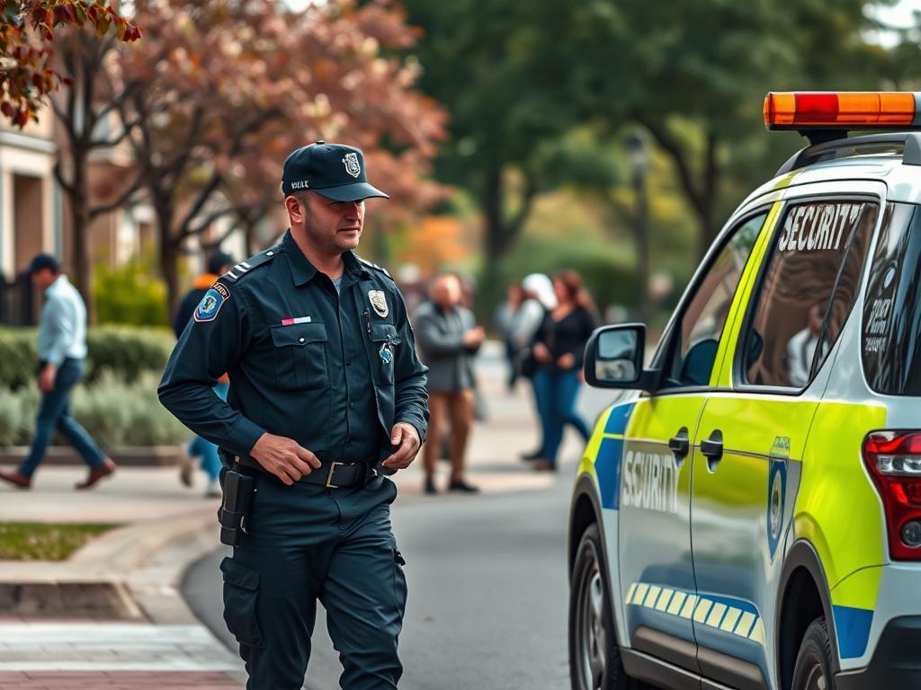 A marked security patrol vehicle parked in a community area. A security officer is seen conducting a foot patrol nearby, engaging with residents. The scene captures a vibrant neighborhood with people going about their day, showcasing a sense of safety. The officer is in uniform, exuding professionalism and readiness. The background includes trees and well-maintained sidewalks, emphasizing a secure community atmosphere.