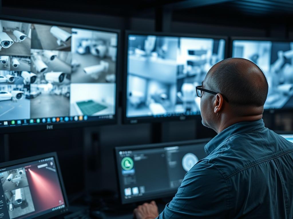 A high-tech surveillance monitoring station featuring multiple screens displaying live camera feeds. A security professional is attentively watching the screens, focused on monitoring the feeds. The environment is sleek and modern, with dim lighting highlighting the screens. The setup includes various camera angles from different locations, showcasing a commitment to comprehensive security. The professional displays concentration and readiness, embodying the essence of vigilance.