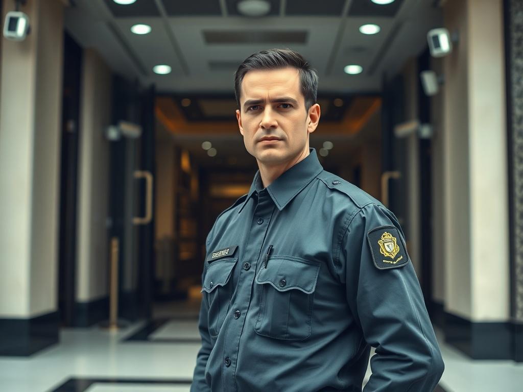 A professional security guard standing confidently at an entrance, wearing a uniform. The setting is a well-lit, upscale building entrance, showcasing a clean and organized environment. The guard is focused and alert, with a serious expression, representing reliability and vigilance. The background includes subtle security features like surveillance cameras. The lighting highlights the guard's uniform, creating an authoritative presence.