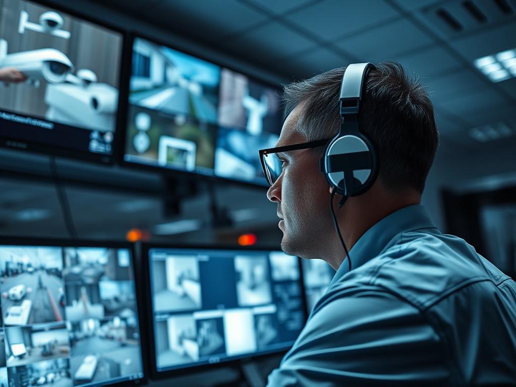 A high-resolution image depicting a security analyst engaged in monitoring multiple surveillance screens in a control room. The analyst should appear focused and professional, surrounded by high-tech equipment. The screens should show various angles of monitored properties, with a clear display of security feeds. The setting should convey a sense of vigilance and advanced technology.