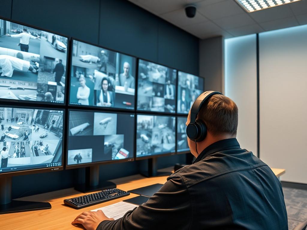 A high-resolution image of a security monitoring room with multiple screens displaying live surveillance footage. The room should appear modern and professional, with an operator attentively monitoring the screens. The lighting is bright and focused on the screens, emphasizing the advanced technology used in surveillance monitoring. The background should be simple and uncluttered, allowing the viewer to focus on the operator and the screens.