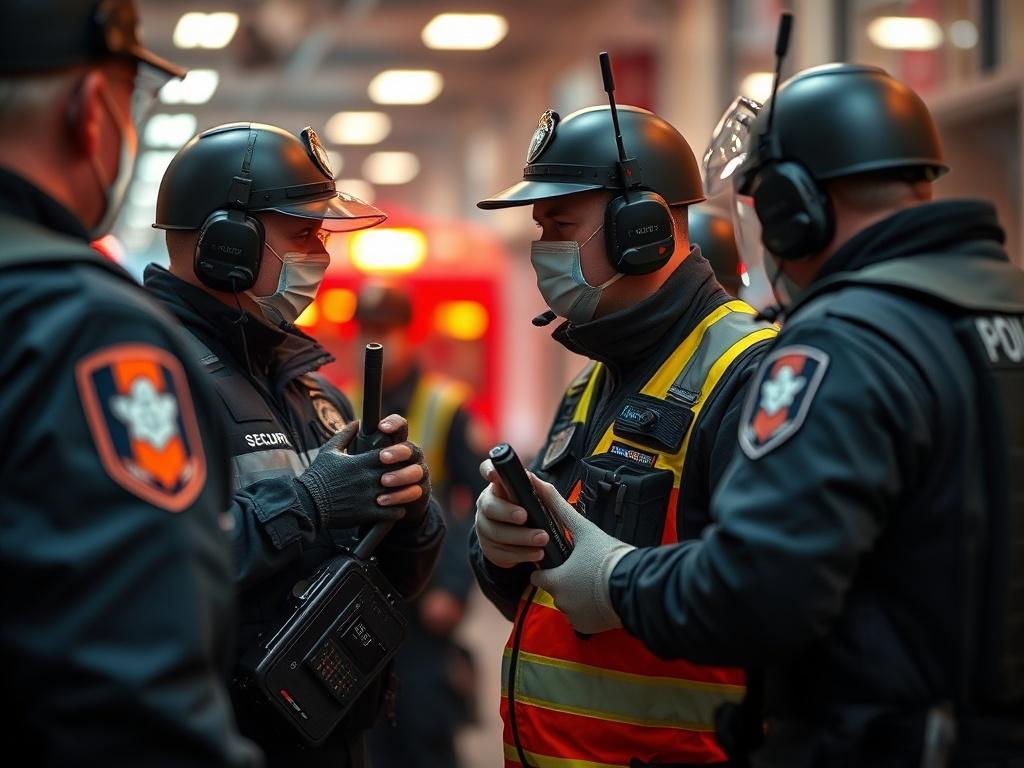 A high-resolution image showing a security team in action during an emergency response situation. The team should be depicted coordinating with local authorities and managing the scene efficiently. Focus on a clear communication setup, showcasing radios and other equipment. The background should reflect urgency while maintaining a professional atmosphere.
