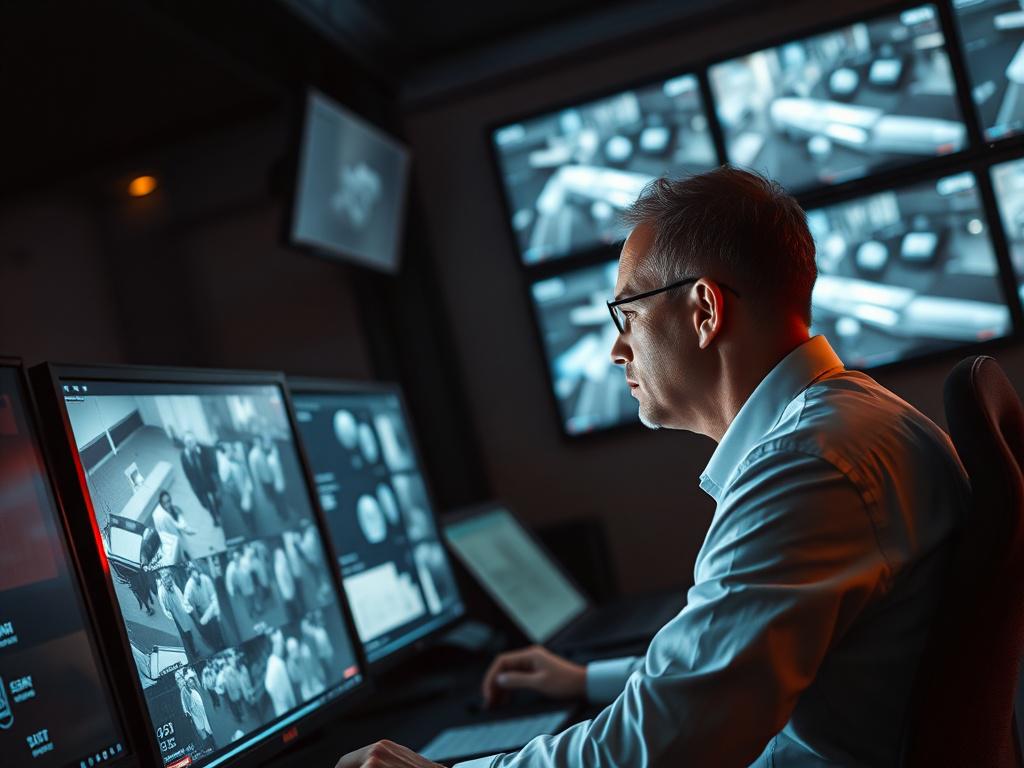 A security operator seated at a monitoring station, attentively observing multiple surveillance screens displaying live footage. The room is dimly lit, emphasizing the glowing screens, and the operator appears focused and professional. The image should reflect high-tech security operations, shot in hyper-realistic style with a 45mm f/1.2 lens.
