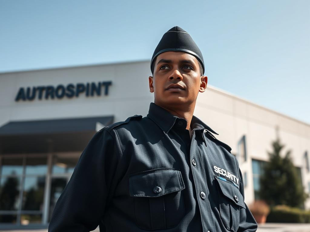 A highly trained security guard in professional uniform, standing alert in front of a commercial building. The guard is focused and vigilant, with a serious expression. The background features a well-maintained property with trees and a clear blue sky. The image captures the essence of security and professionalism, shot in hyper-realistic style with a 45mm f/1.2 lens.