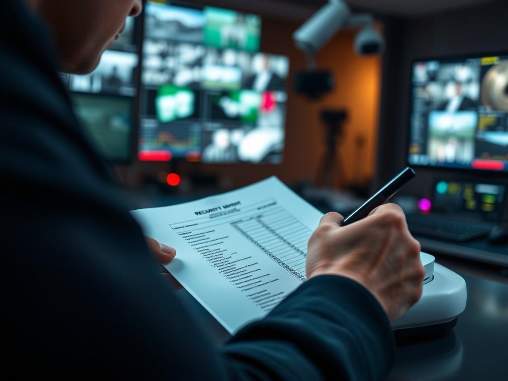 A high-resolution close-up image of a security report being filled out by a professional in a control room. The focus should be on the document being completed, with visible details such as timestamps and incident descriptions. The background can show elements of surveillance equipment softly blurred, emphasizing the documentation process.