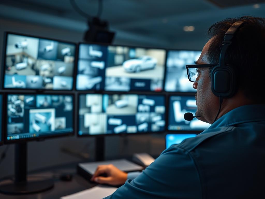 A high-resolution image of a security professional monitoring multiple screens displaying real-time surveillance footage in a control room. The atmosphere should be focused and serious, with the professional appearing vigilant and attentive. The background should be slightly blurred to emphasize the screens and the monitor's bright visuals. This image should evoke feelings of security and readiness.